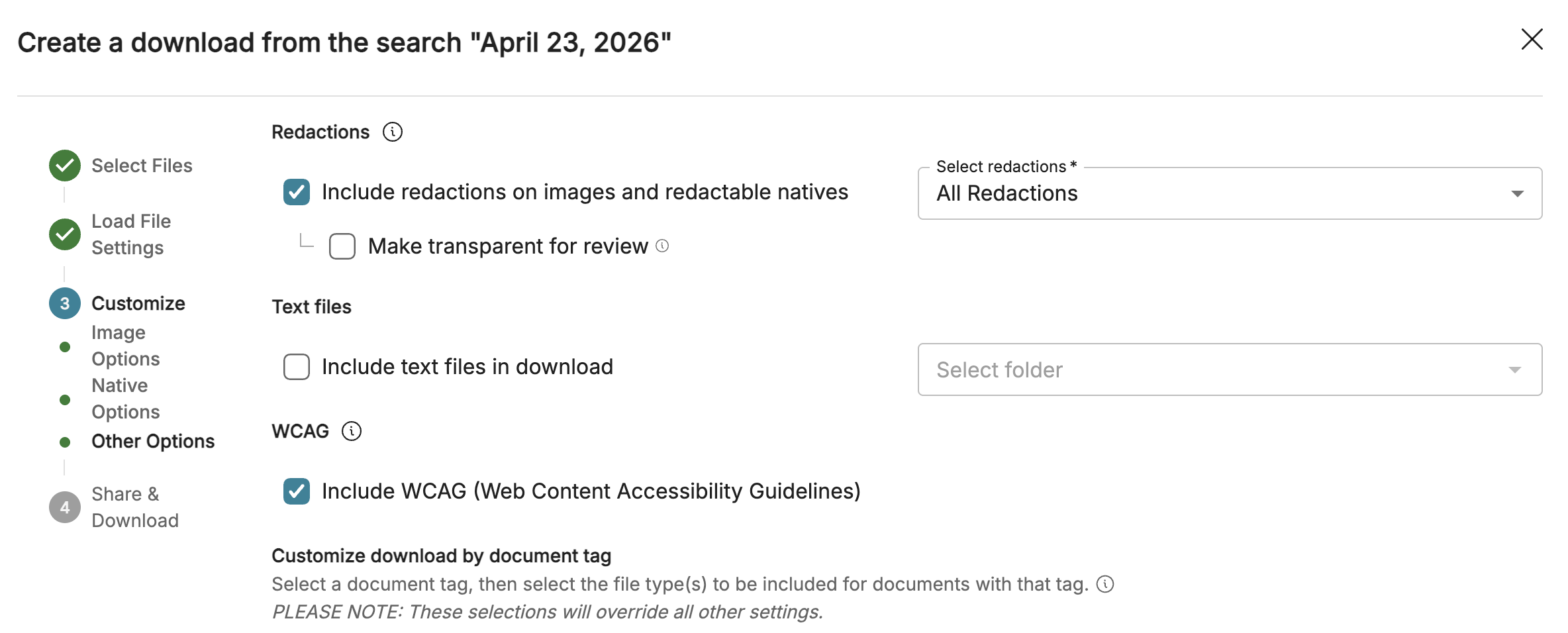Options for customizing a document download, including file settings and redaction choices.